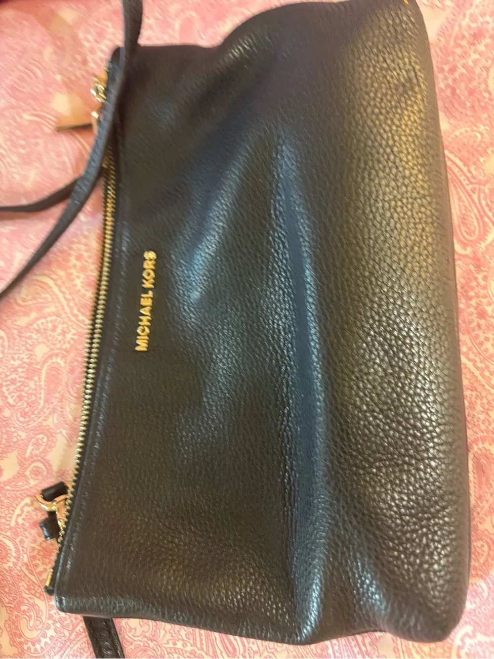 Michael Kors Black Pebbled Triple-Zip Wristlet with Gold Hardware